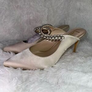 Lulus Dressy Pearl Jewel Open Back Heels - Light Gold, Women’s Size 10